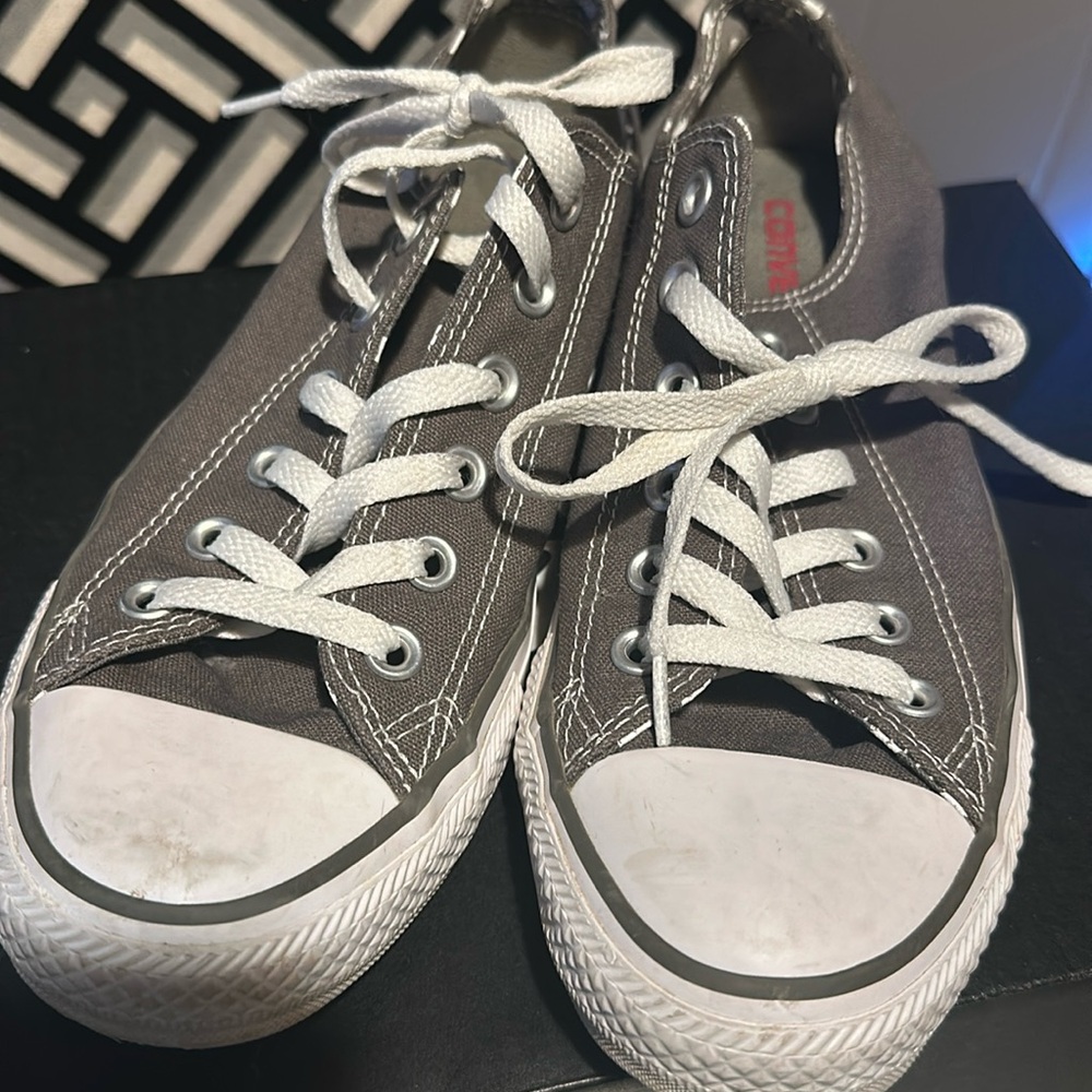 Converse All Star tennis shoes, gray with white polka-dot tongue & white laces.
